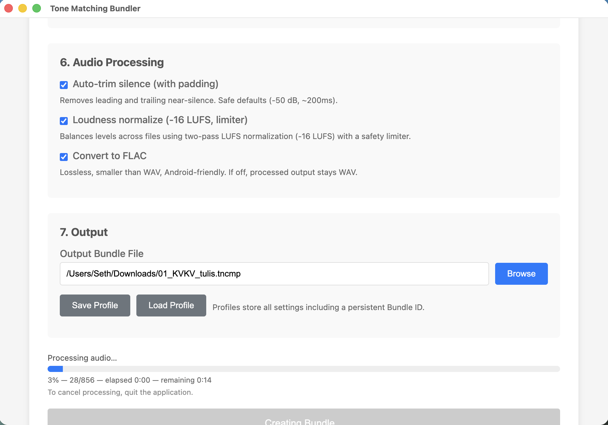 Bundler App Interface showing XML file selection, audio folder selection, and settings panel