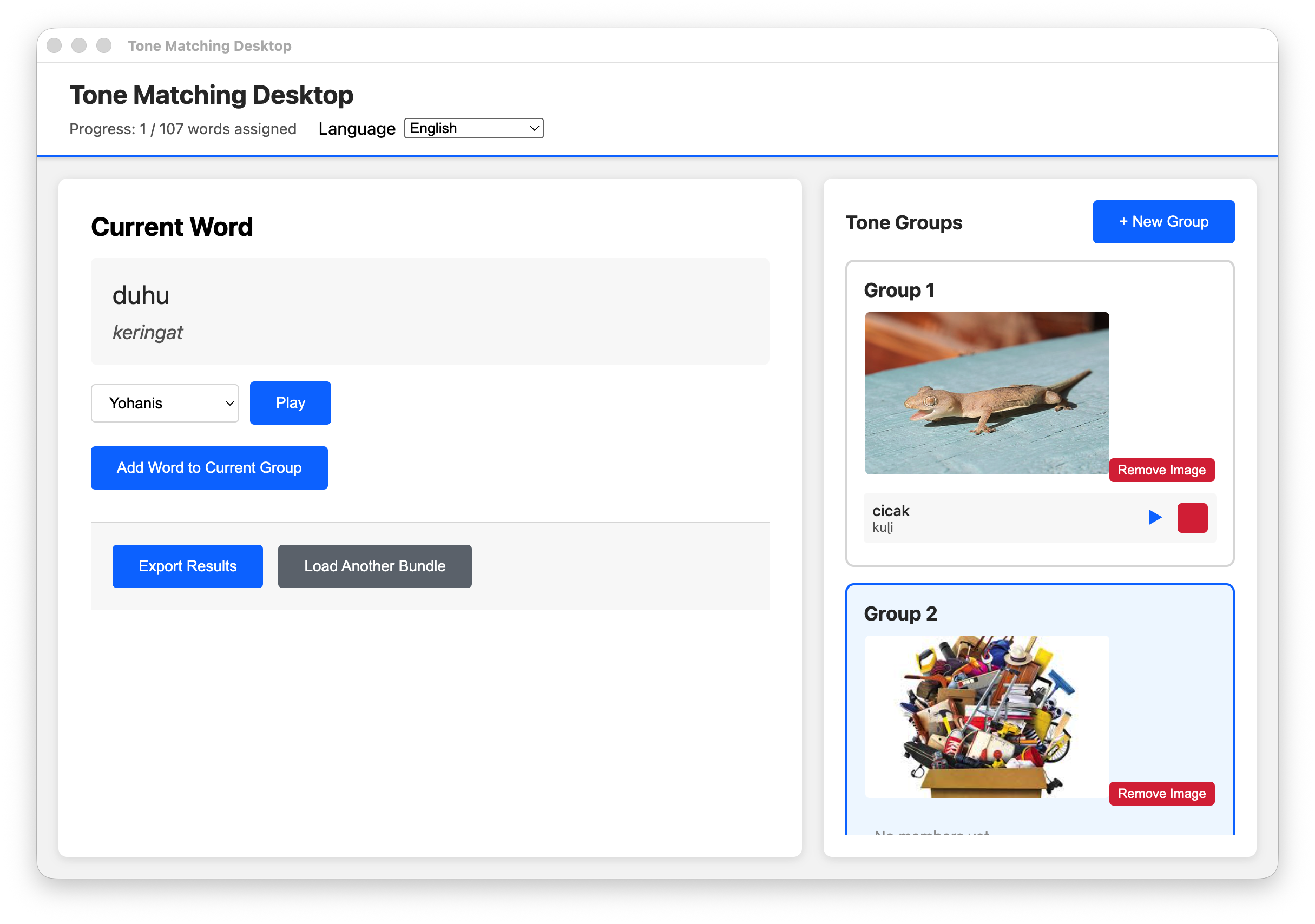 Desktop Matching App - Tone Classification Screen showing current word, tone group options, and audio controls