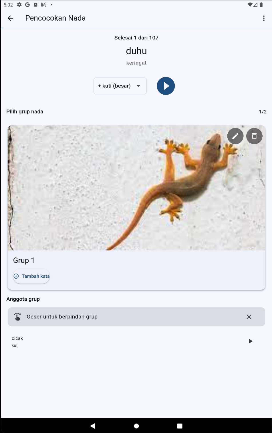 Mobile App Tone Matching screen showing word display, tone groups with pictures, and navigation buttons